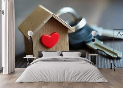 Cardboard house with love heart happy home purchase key property protection investment with happiness Wall mural