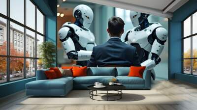 Two robots working with a businessman use modern technology teamwork and collaboration Wall mural