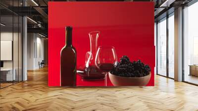 glass red wine, bottle, grapes and pitcher Wall mural