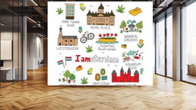 Amsterdam city doodle collection in cute hand drawn style. Amsterdam cartoon flat symbols set, attractions and sights in circle. Holland vector illustration isolated on white. Wall mural