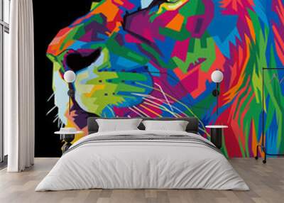 colorful lion head on pop art style isolated with black backround Wall mural