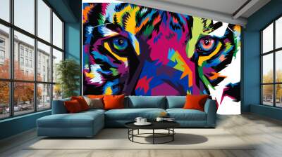 colorful tiger head on pop art style isolated with black backround Wall mural