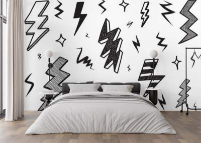 set of hand drawn vector doodle electric lightning bolt symbol sketch illustrations. thunder symbol doodle icon . Wall mural