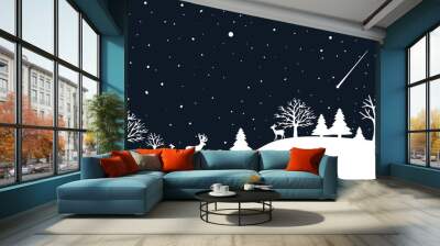 A fairytale winter landscape. Border smooth. Christmas background. There is a fantastic silhouette of white trees and deer with a dark blue background. Vector illustration Wall mural