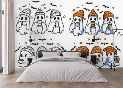 Spooky Halloween Ghosts Cute, coffee ghost, vector Wall mural