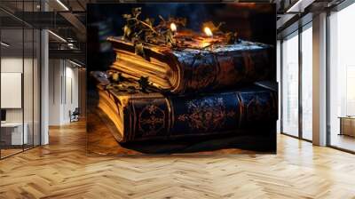 Ancient spell books open on an old wooden table, candlelight casting soft shadows, perfect for themes of wizardry and old world magic Wall mural