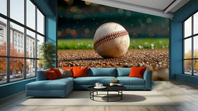 Baseball on field with blurred background and light rain, focus on ball. Wall mural