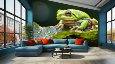 Closeup of a vibrant green tree frog sitting on a dewy leaf, focus on gleaming eyes, natural rainforest background, soft morning light Wall mural