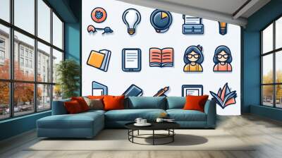 Colorful icons representing education and technology elements. Wall mural