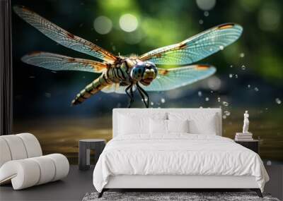 Dragonfly in flight captured in high speed, blurred water surface background, emphasizing motion and agility of wildlife Wall mural