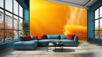 Steaming spaghetti with a warm golden light background, capturing the essence of delicious Italian cuisine. Wall mural