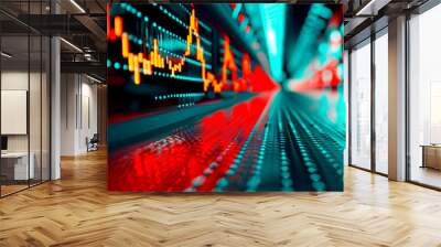 Stock market fluctuations, cityscape, side view, illustrating market volatility, futuristic tone, Analogous Color Scheme Wall mural