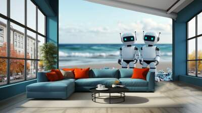 Two friendly robots stand on a beach, surrounded by litter, promoting environmental awareness and innovation in technology. Wall mural