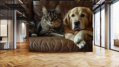 Dog and cat sharing a sofa. Generative Ai Wall mural