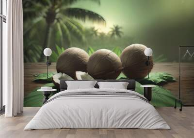 Ripe split coconuts on a background of green coconut leaves. Generative AI. Wall mural