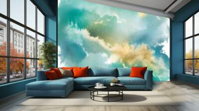 abstract watercolor splash background turquoise green, aqua blue hue and gold  Wall mural