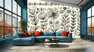 set of floral elements line art drawing illustration isolated on white background , swirls and embellishment doodles outline   Wall mural