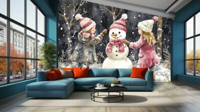 snowman on the snow, kids playing in the snow and making snowman, christmas newyear,  watercolor painting Wall mural