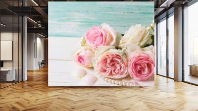 Postcard with  pink roses flowers  on white painted wooden backg Wall mural