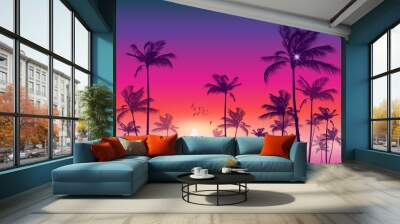 exotic tropical palm tree landscape at sunset or moonlight, with cloudy sky. highly detailed and edi Wall mural