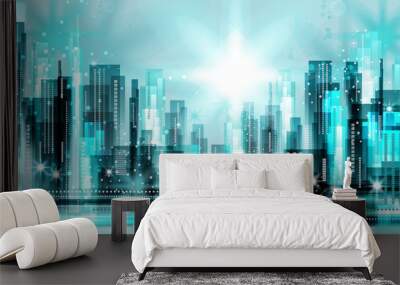 Modern night city skyline at night Wall mural