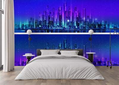 Night city skyline with neon glow. Illustration with architecture, skyscrapers, megapolis, buildings, downtown. Wall mural