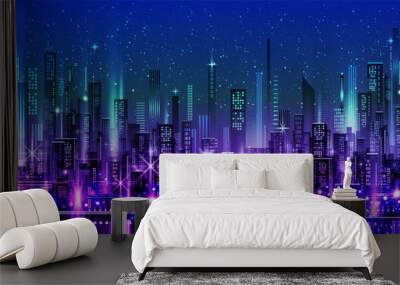 Night City skyline. Background with architecture, skyscrapers, megapolis, buildings, downtown. Wall mural