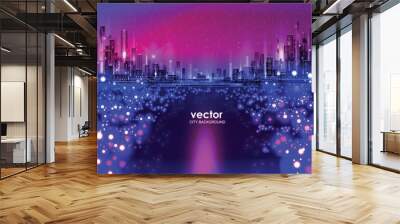 Vector night city illustration with neon glow and vivid colors. Wall mural