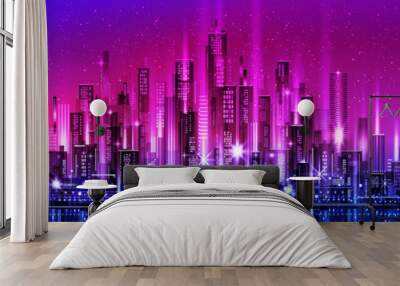 Vector night city skyline with neon glow and vivid colors. Illustration with architecture, skyscrapers, megapolis, buildings, downtown Wall mural