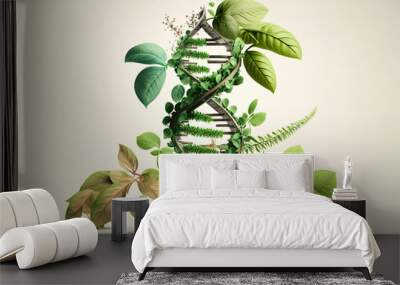 DNA, gene therapy. Biology laboratory nature and science, plant and environmental study, and plants with biochemistry structures on white backgrounds. Biotech. Generative AI Wall mural