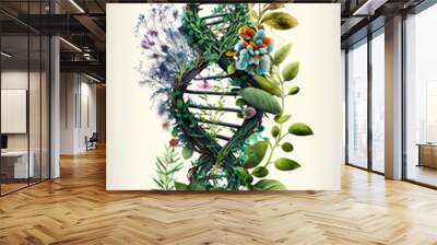 DNA, gene therapy. Biology laboratory nature and science, plant and environmental study, and plants with biochemistry structures on white backgrounds. Biotech. Generative AI Wall mural