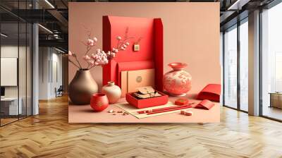 Opening red envelopes, gift for spring festival. Promotion banner design with shopping theme. Wall mural