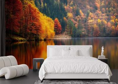 A serene autumn landscape featuring a quiet lake surrounded by trees in vibrant shades of red, yellow, and orange with the reflection of the colorful foliage on the calm water Wall mural