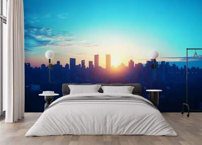 Silhouetted city skyline with modern towers, backlit by a vibrant blue sky at dusk, creating a dramatic contrast, leaving space for customizable text Wall mural