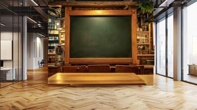 Wooden-framed chalkboard in a cozy cafÃ©, softly lit with warm light to create a welcoming and inviting atmosphere Wall mural