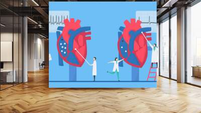 Cardiology vector illustration. This heart disease problem is tachycardia arrhythmia. Comparison of unusual and normal signals from left to right respectively. Tiny flat design. Wall mural