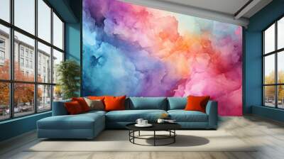 Abstract art, Pastel Rainbow sky with purple, orange, and green clouds in the style of vibrant stage backdrops, with a dark pink and dark orange background Wall mural