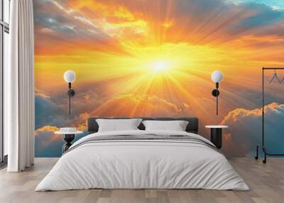 Breathtaking sunrise with rays of light breaking through clouds heralding hope and new beginnings in the morning sky wallpaper background Wall mural