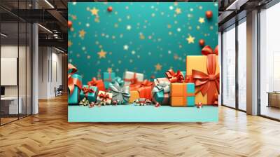 Celebrate in style with our vibrant banner featuring a multitude of gift boxes adorned with velvet ribbons and paper decorations. Perfect for Christmas or birthdays, colorful background, Wall mural