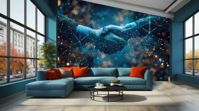 Digital Handshake With Glowing Lines Connecting Two Hands Against Technology Background Wall mural