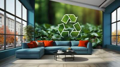 Green Recycle Symbol on Bokeh Blur Background. Saving the Earth, Earth Day, Environmental Sustainability Concept Wall mural