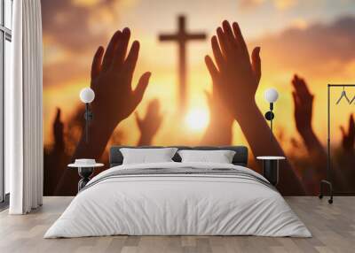 Hands Raised in Prayer with Blurred Cross and Sunset Background, Symbolizing Christian Worship, Easter, and Hope in Jesus Christ Wall mural