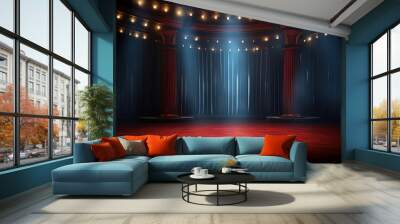 Magical Lighting Theater Stage with Red Curtains, Spotlight, and Festive Background, Copy Space, Banner or Poster Wall mural