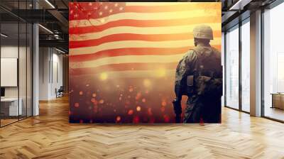 Veterans Day Background with USA Flag, Soldier, and Fireworks, Copy Space for Banner Wall mural