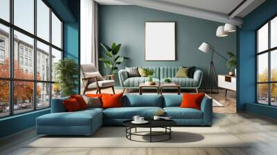 Warm and Cozy Composition of spring living room interior with mock-up poster frame, wooden sideboard, white sofa, green stand, base with leaves, plants, and stylish lamp, Home Decor Generative AI Wall mural