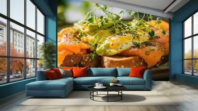 Avocado toast with salmon, avocado and microgreens on a plate Wall mural