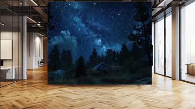 Beautiful night sky with stars and trees. .AI generated image Wall mural