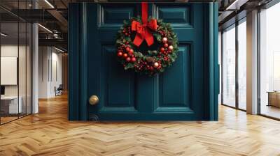 Christmas Wreath on a Teal Door Wall mural