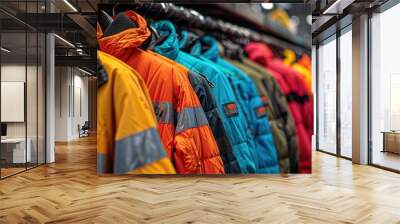 Colorful Winter Jackets on Display in a Retail Store Wall mural