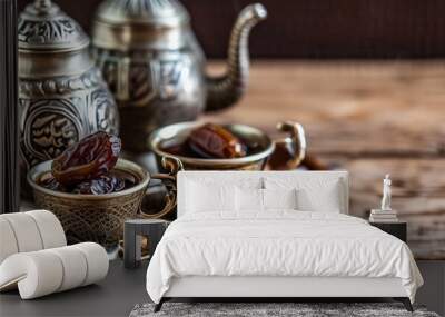 Dates fruit and Turkish coffee in a cup on an old background Wall mural